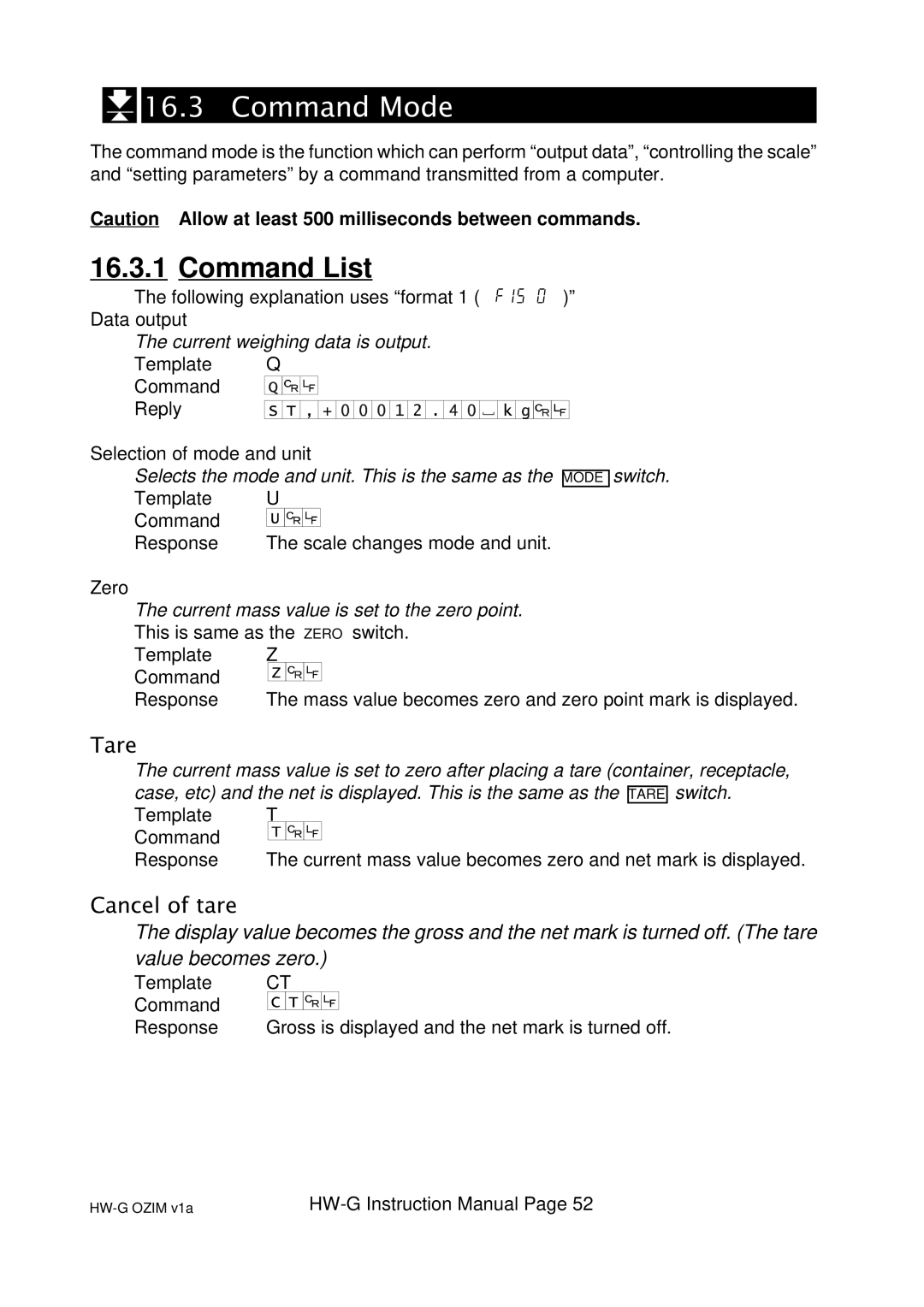 A&D HW100KGV, HW-100KGL, HG-60KGV, HW-60KGL, HW-200KGL, HW-200KGV, HW-10KGV, HW-10KGL Command Mode, Tare, Cancel of tare 