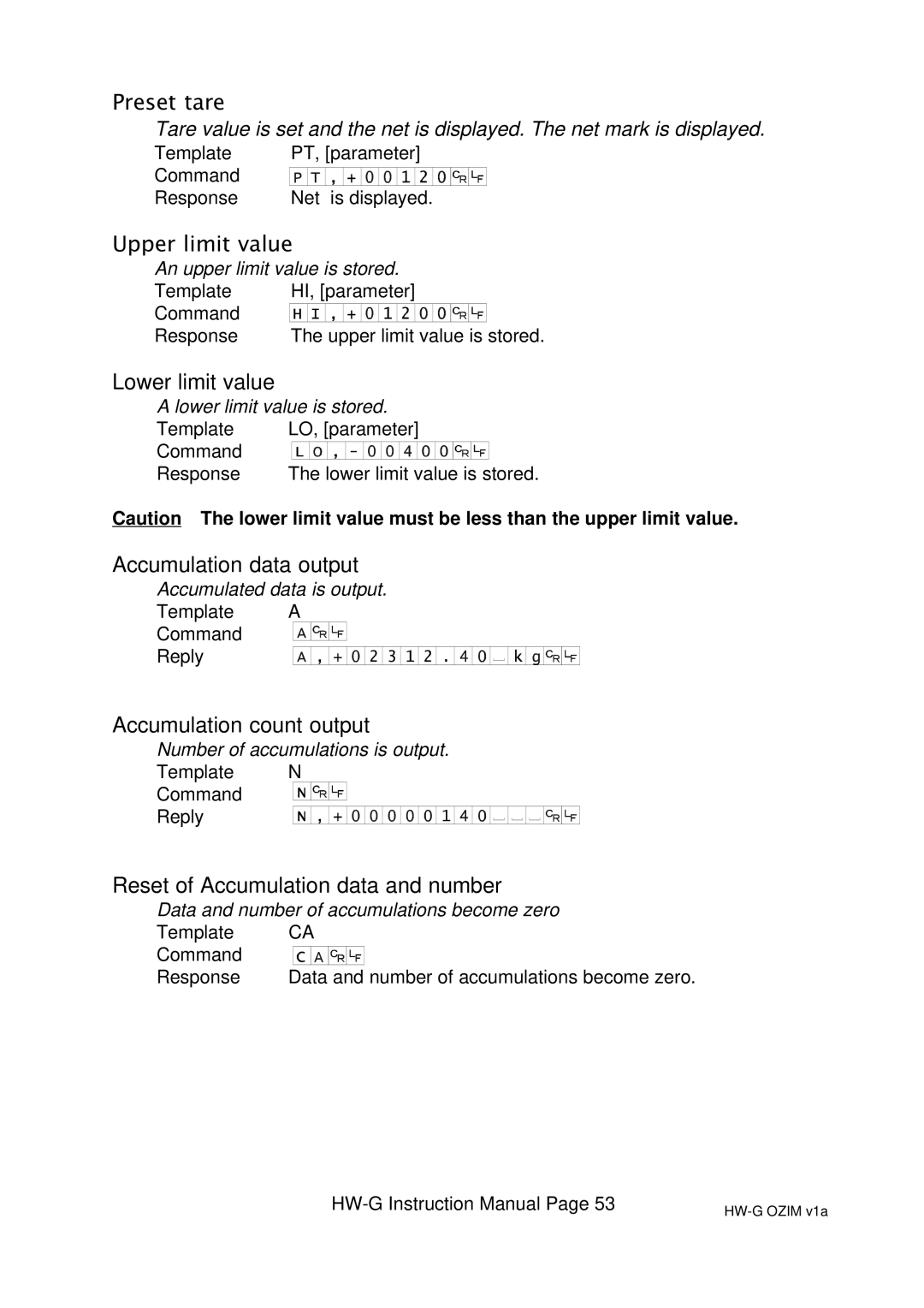 A&D HW-10KGL, HW-100KGL, HG-60KGV, HW-60KGL, HW-200KGL, HW-200KGV, HW-10KGV, HW100KGV Preset tare, Upper limit value 