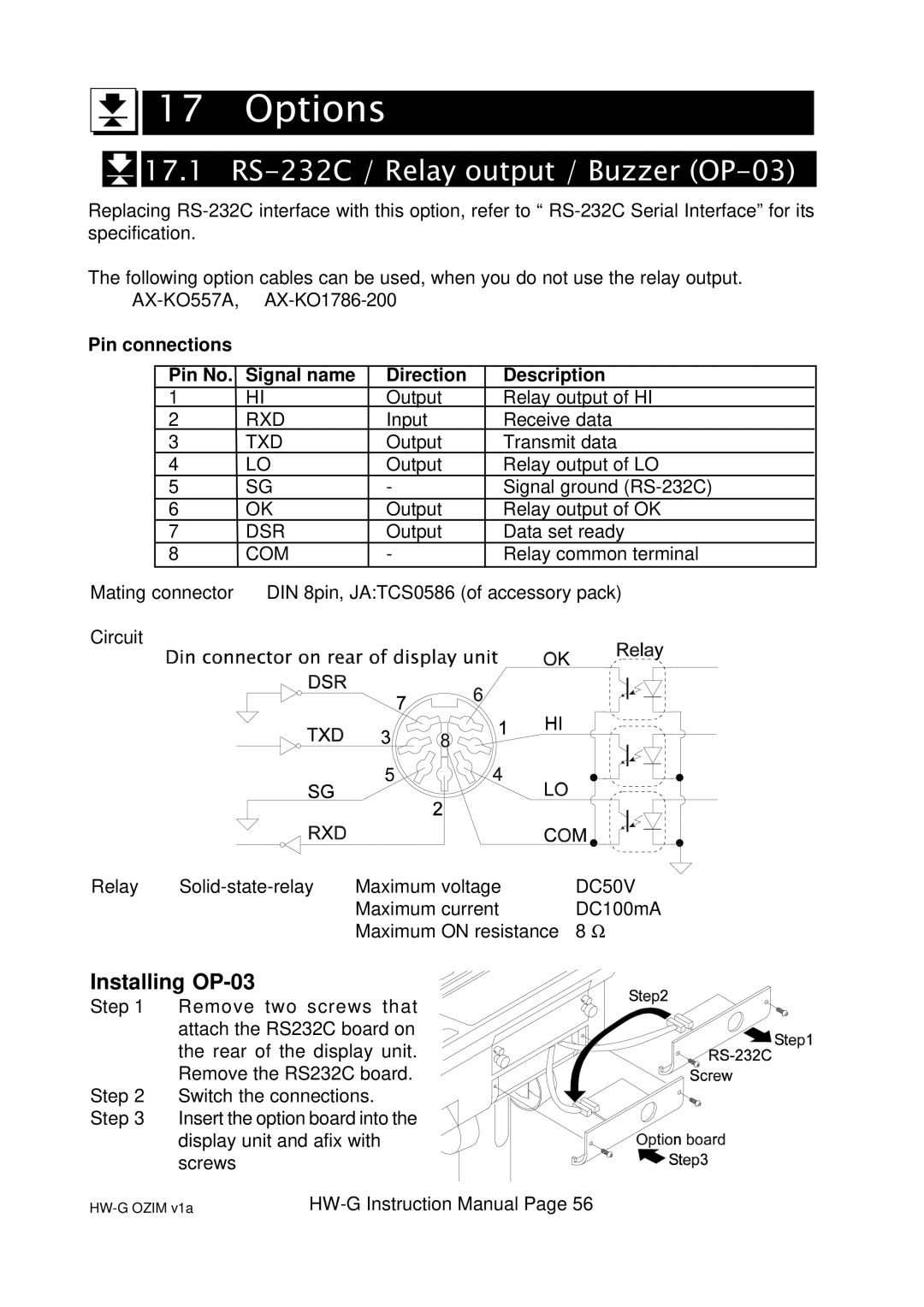 A&D HW-60KGL Options, 17.1 RS-232C / Relay output / Buzzer OP-03, Pin connections Pin No Signal name Direction Description 