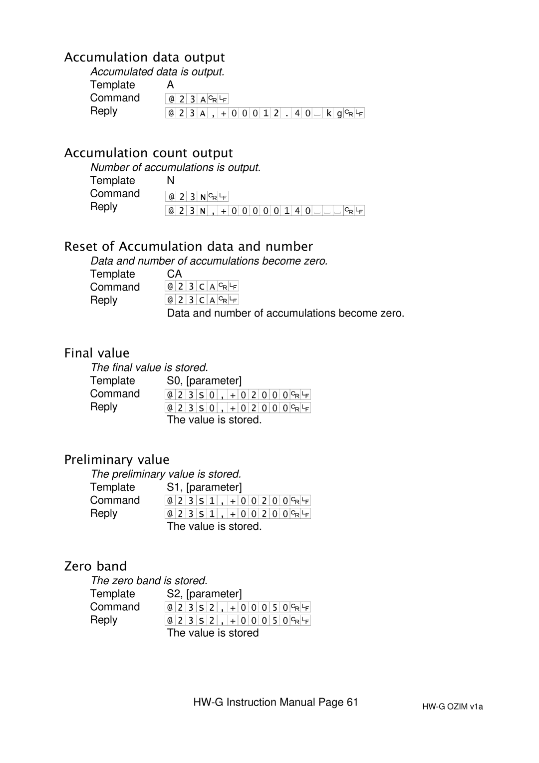 A&D HW-10KGL Accumulation data output, Accumulation count output, Reset of Accumulation data and number, Final value 