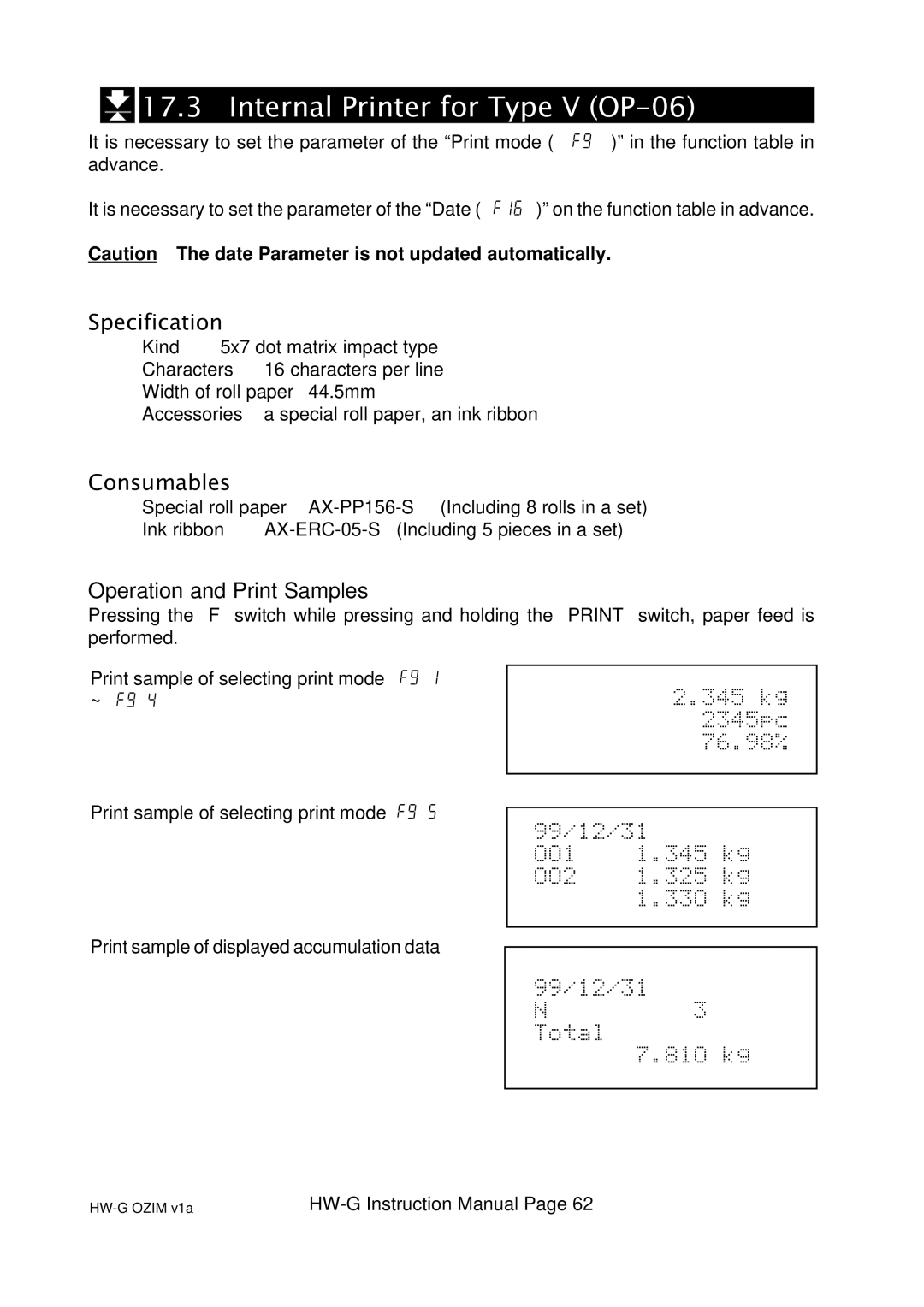 A&D HW-100KGL, HG-60KGV, HW-60KGL, HW-200KGL, HW-200KGV Internal Printer for Type V OP-06, Specification, Consumables 