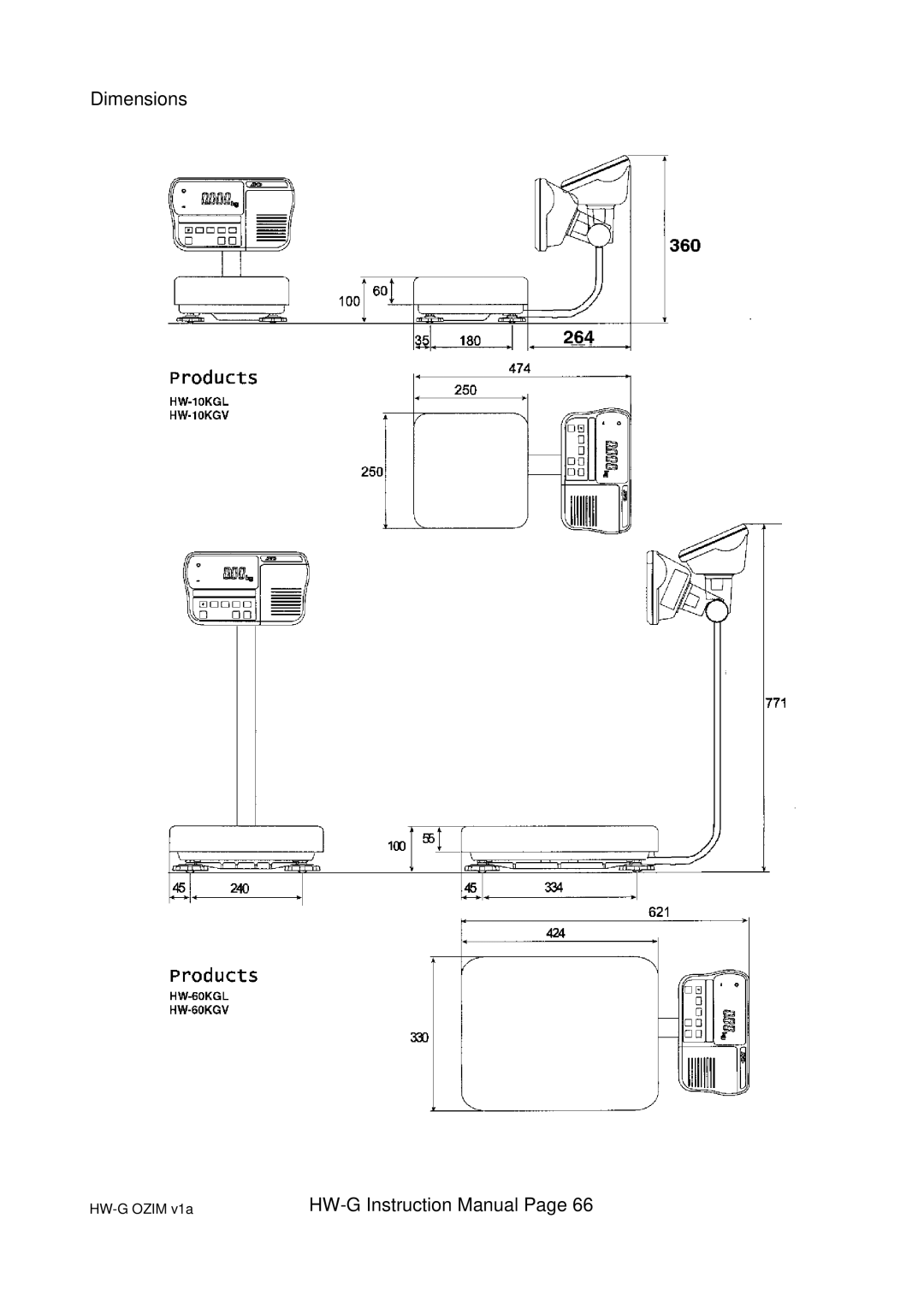 A&D HW-200KGV, HW-100KGL, HG-60KGV, HW-60KGL, HW-200KGL, HW-10KGV, HW100KGV, HW-10KGL instruction manual Dimensions 