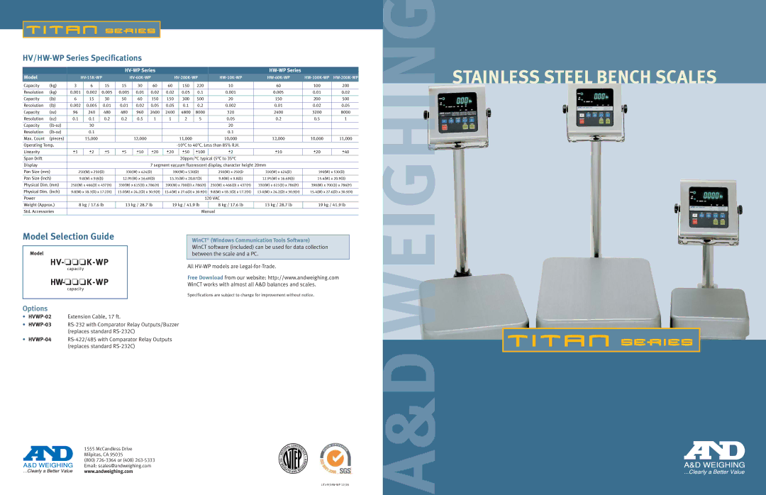 A&D HW-100K-WP, HW-10K-WP, HV-60K-WP.HV-200K-WP specifications Model Selection Guide, HV/HW-WP Series Specifications 