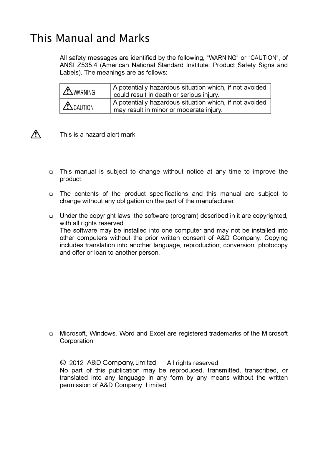 A&D MC-10K, MC-30K manual This Manual and Marks, All rights reserved 