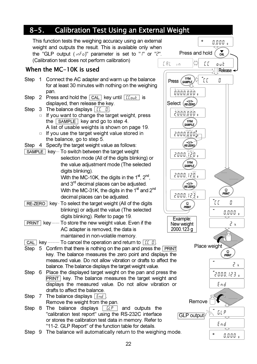 A&D MC-10K, MC-30K manual Calibration Test Using an External Weight, Print key...... To store the new weight value. Even if 