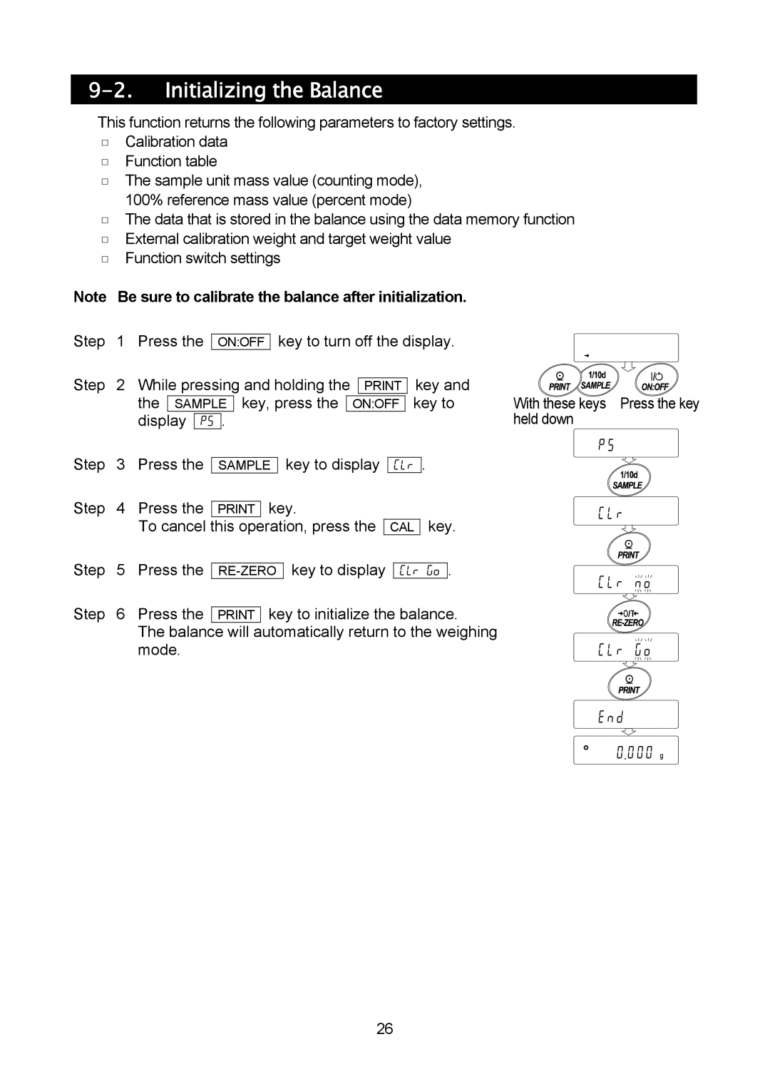 A&D MC-10K, MC-30K manual Initializing the Balance, To cancel This operation, press Key, Step Press Key to display 