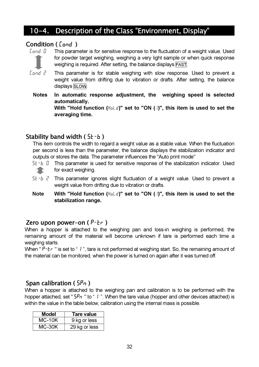 A&D MC-10K Description of the Class Environment, Display, Condition Cond, Stability band width 5t-b, Span calibration 5pn 