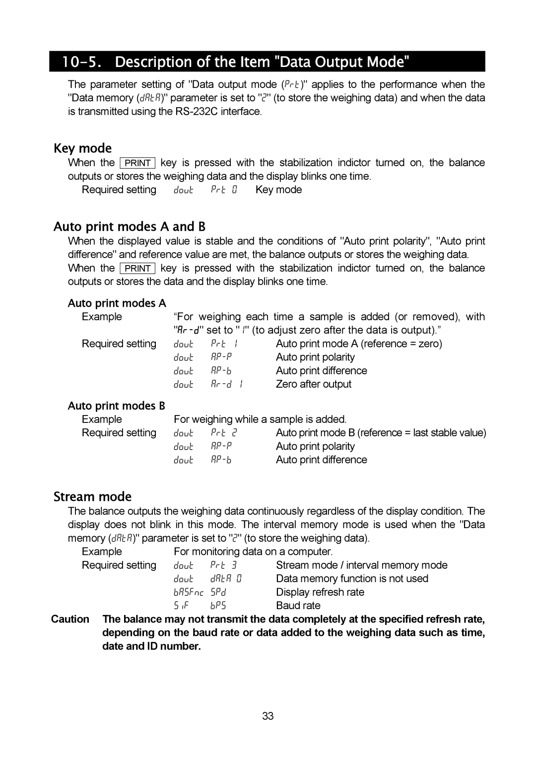 A&D MC-30K, MC-10K manual Description of the Item Data Output Mode, Key mode, Auto print modes a and B, Stream mode 