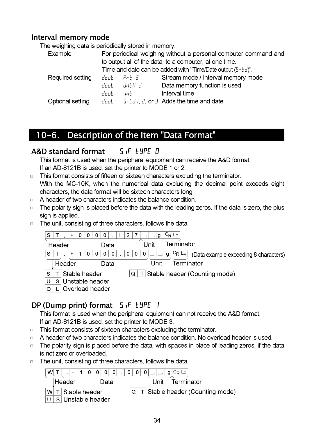 A&D MC-10K, MC-30K manual Description of the Item Data Format, Interval memory mode, Standard format 5if type 