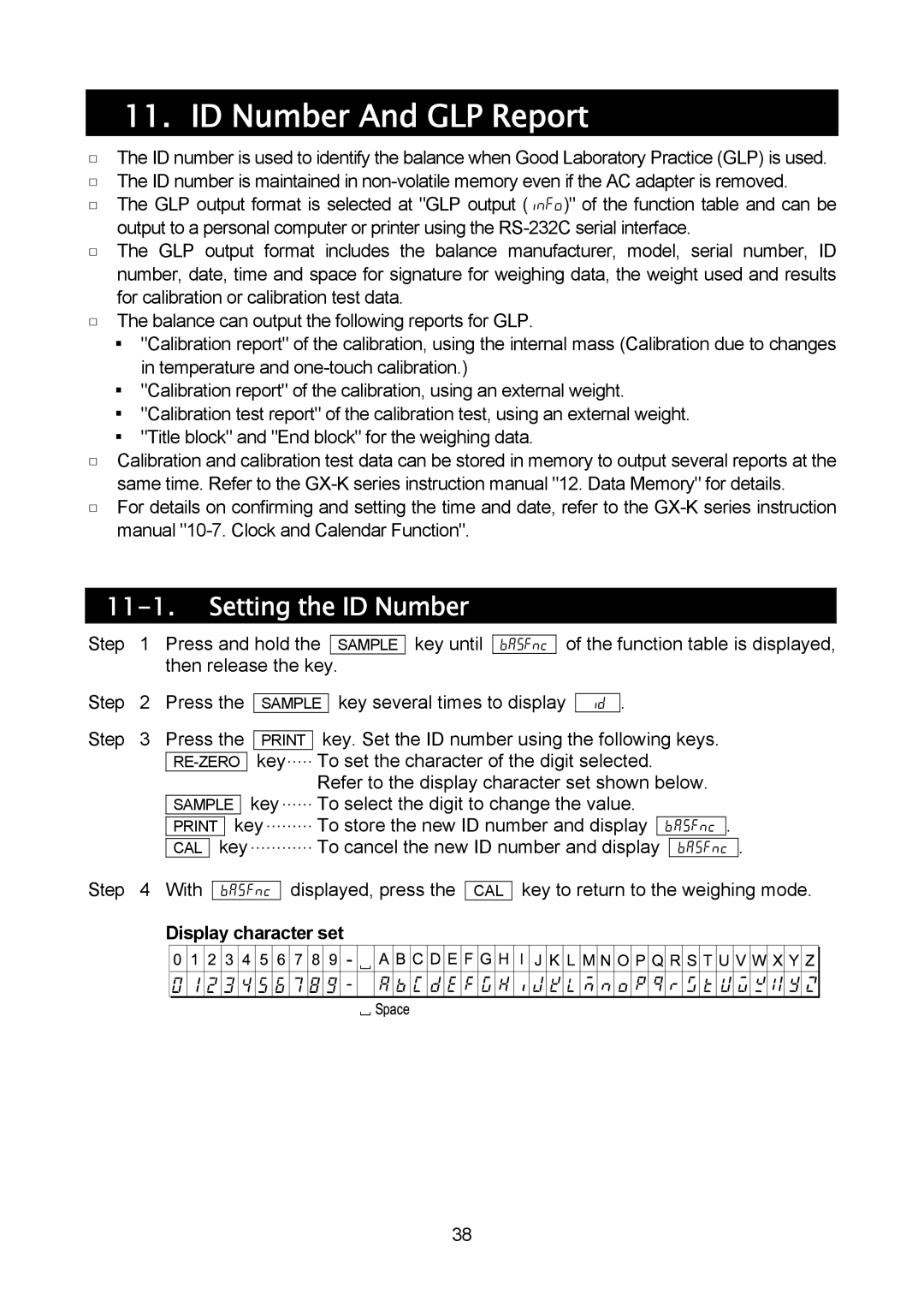 A&D MC-10K, MC-30K manual ID Number And GLP Report, Setting the ID Number, Display character set 