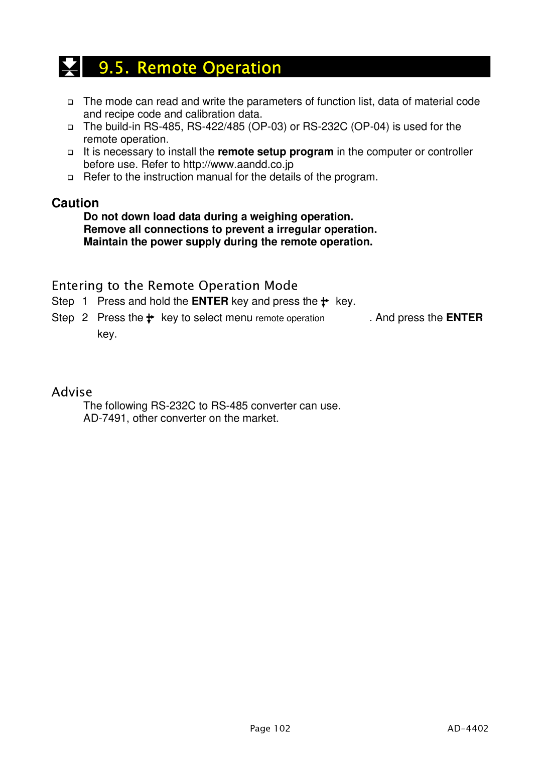 A&D PD4000243 manual Entering to the Remote Operation Mode 