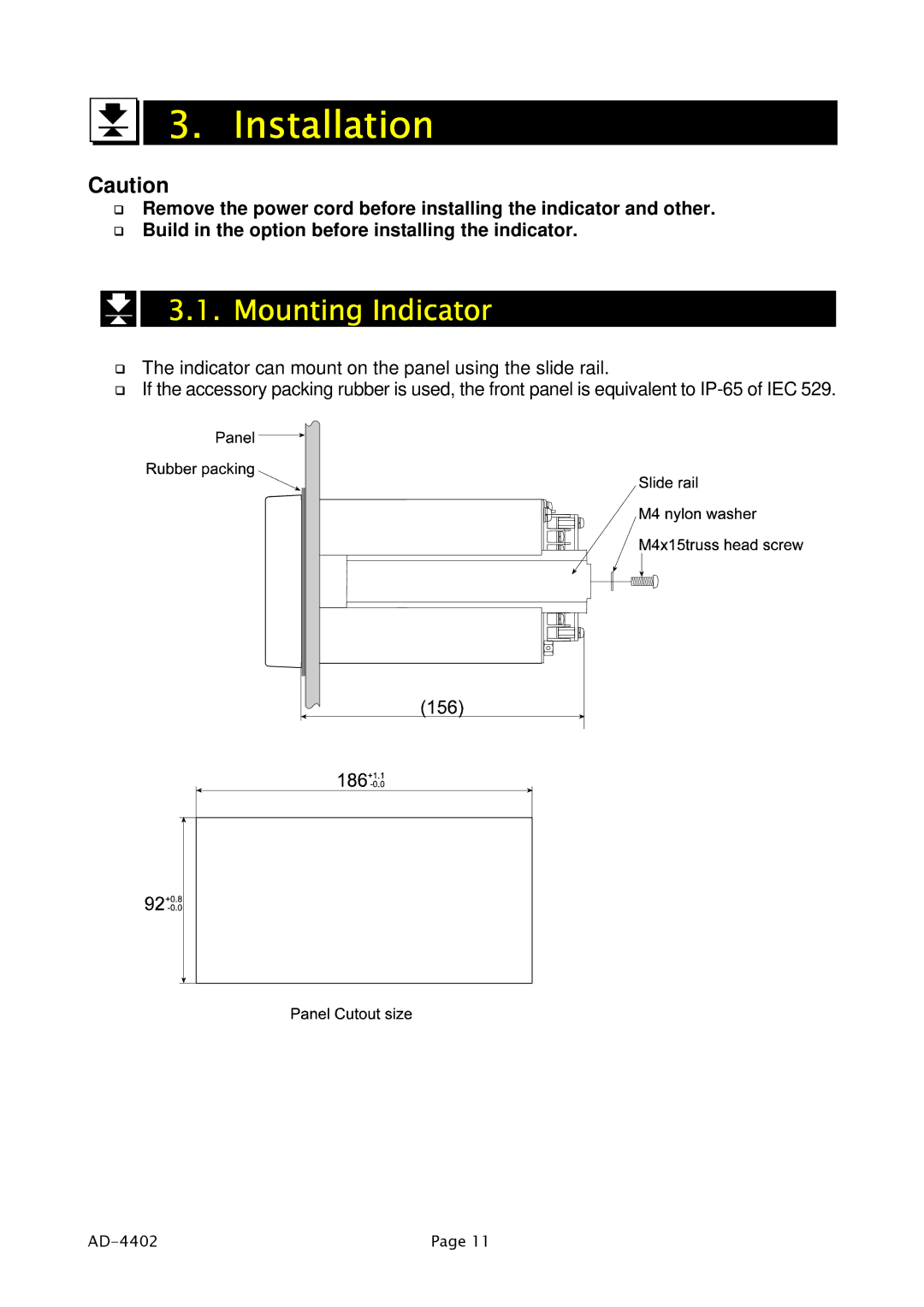 A&D PD4000243 manual Installation, Mounting Indicator 