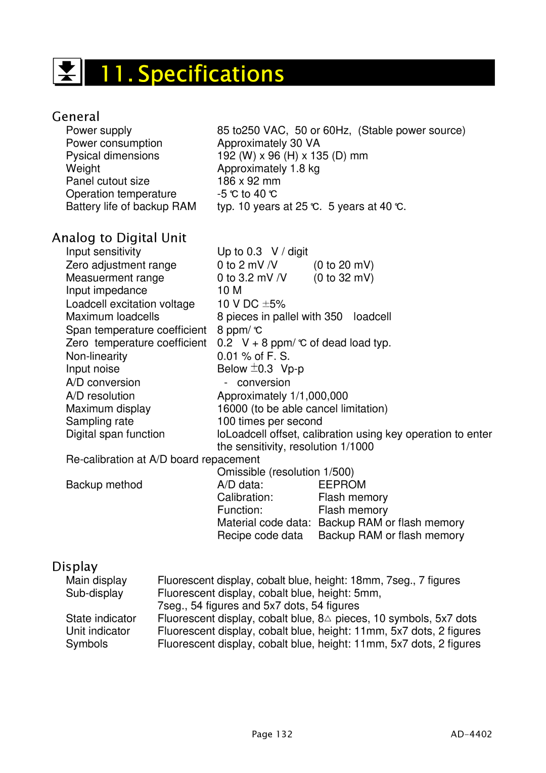 A&D PD4000243 manual Specifications, General, Analog to Digital Unit, Display 