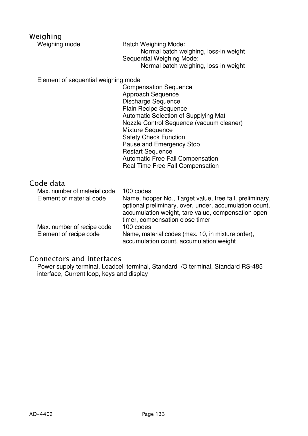 A&D PD4000243 manual Weighing, Code data, Connectors and interfaces 