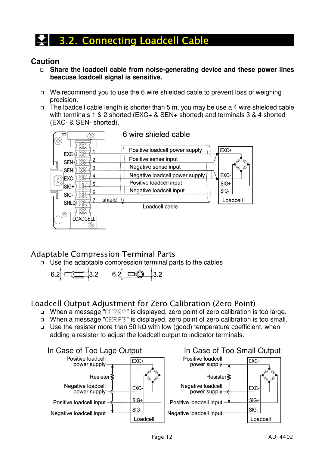 A&D PD4000243 manual Connecting Loadcell Cable, Adaptable Compression Terminal Parts 