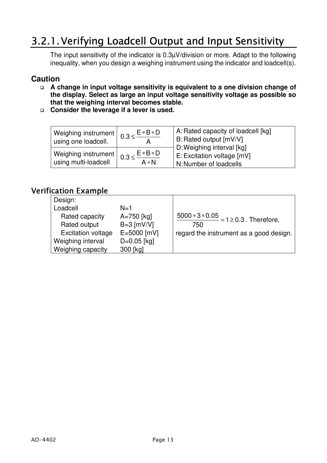 A&D PD4000243 manual Verifying Loadcell Output and Input Sensitivity, Verification Example 