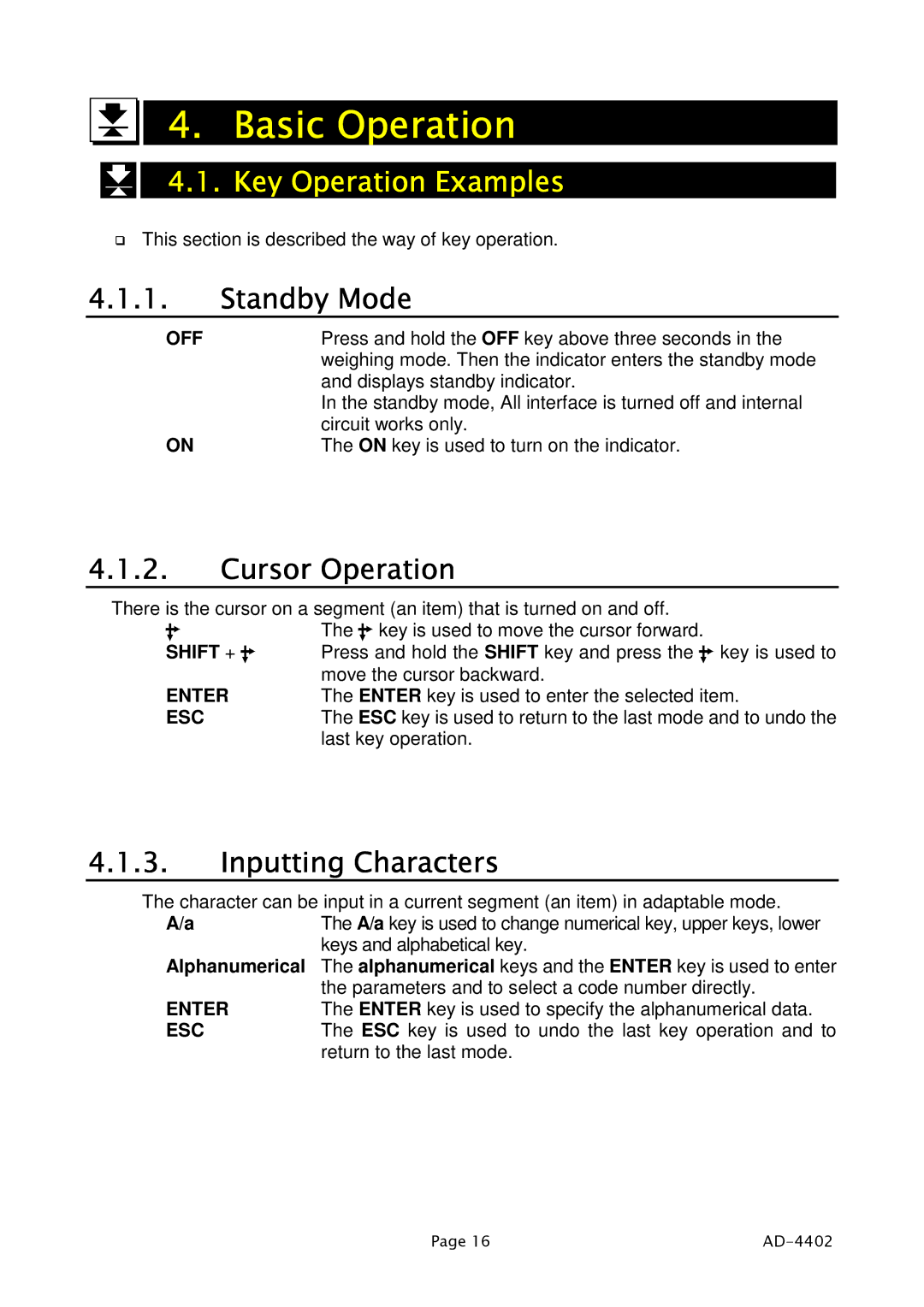 A&D PD4000243 manual Basic Operation, Key Operation Examples, Standby Mode, Cursor Operation, Inputting Characters 