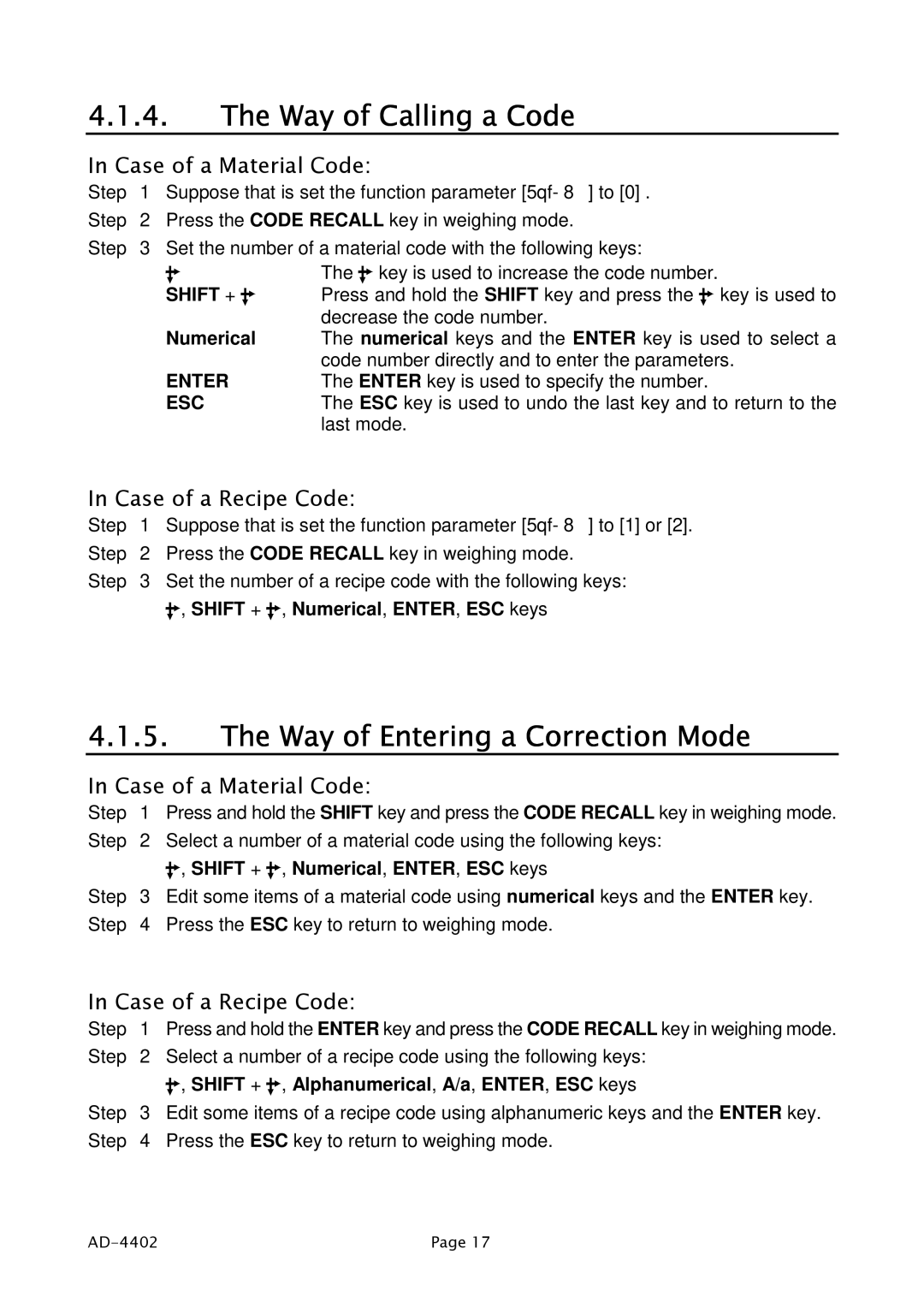 A&D PD4000243 Way of Calling a Code, Way of Entering a Correction Mode, Case of a Material Code, Case of a Recipe Code 