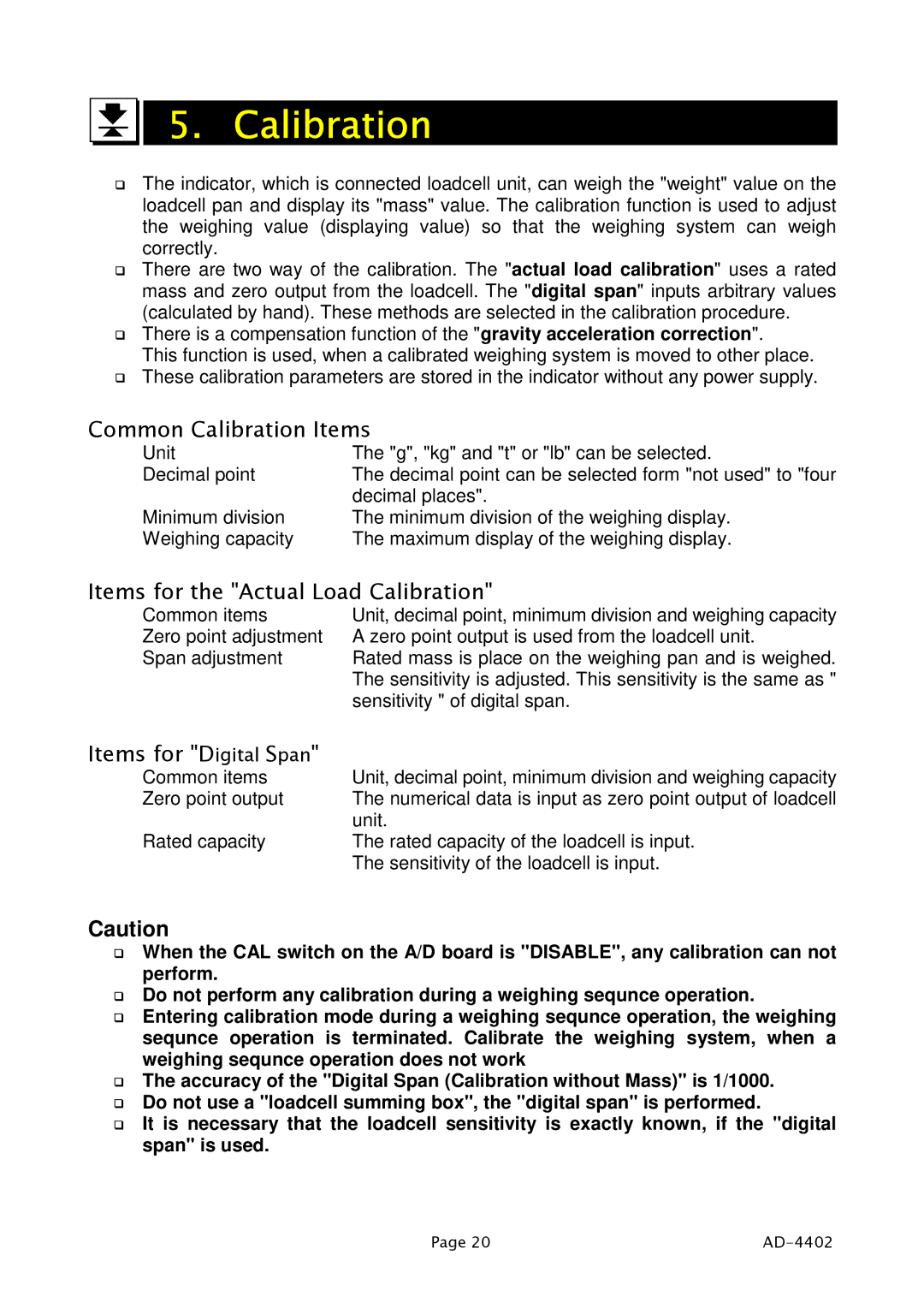 A&D PD4000243 manual Common Calibration Items, Items for the Actual Load Calibration, Items for Digital Span 