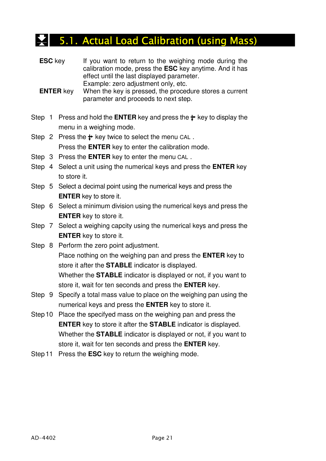 A&D PD4000243 manual Actual Load Calibration using Mass, ESC key 