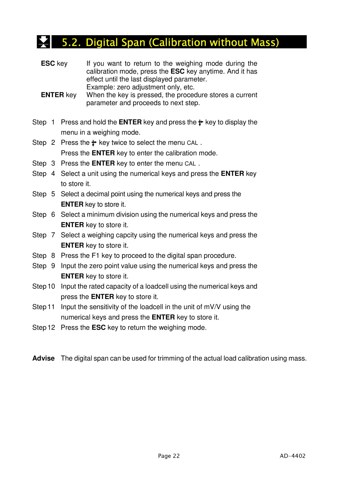 A&D PD4000243 manual Digital Span Calibration without Mass 