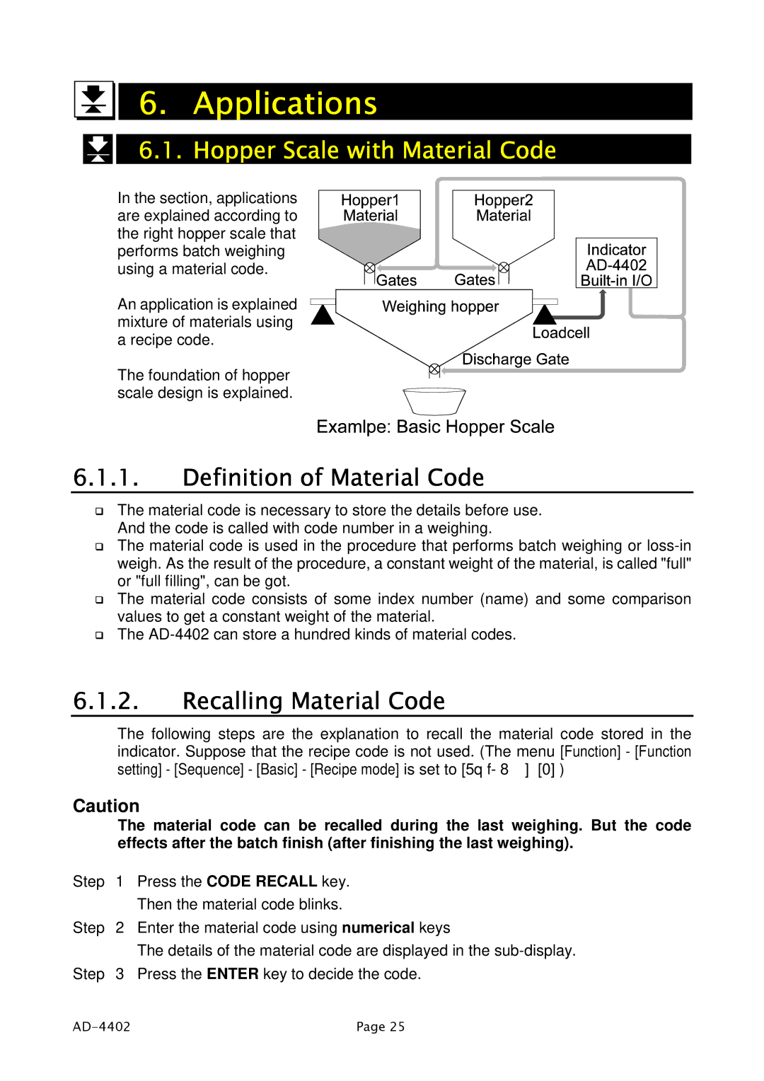 A&D PD4000243 manual Applications, Hopper Scale with Material Code, Definition of Material Code, Recalling Material Code 