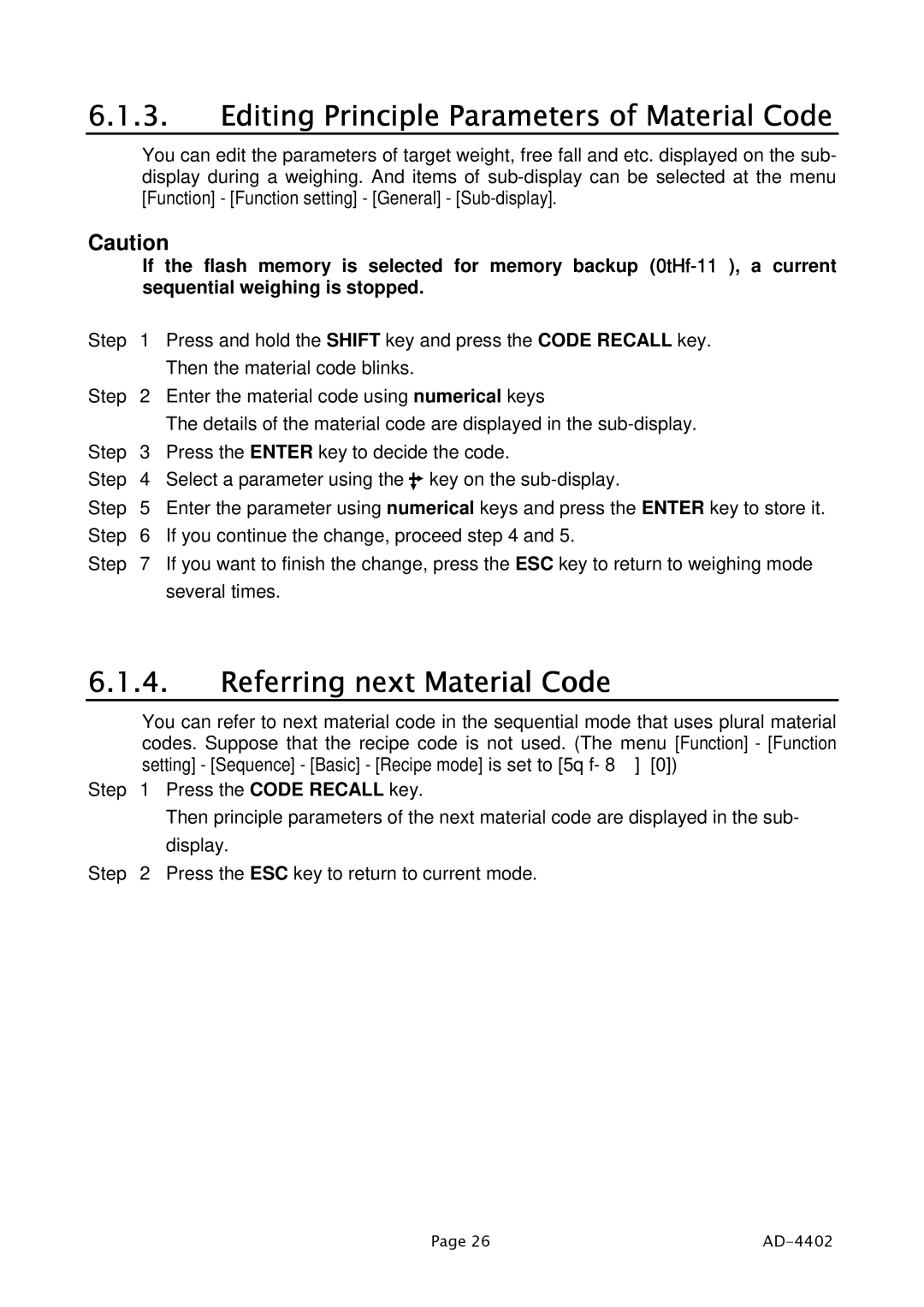 A&D PD4000243 manual Editing Principle Parameters of Material Code, Referring next Material Code 