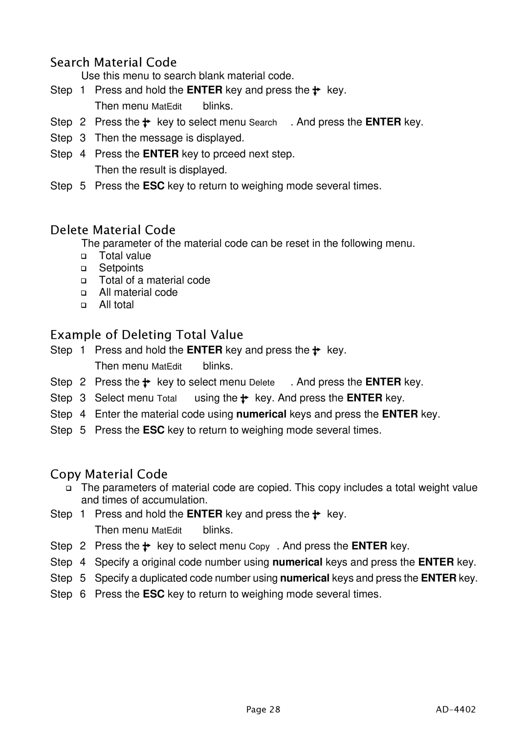 A&D PD4000243 manual Search Material Code, Delete Material Code, Example of Deleting Total Value, Copy Material Code 