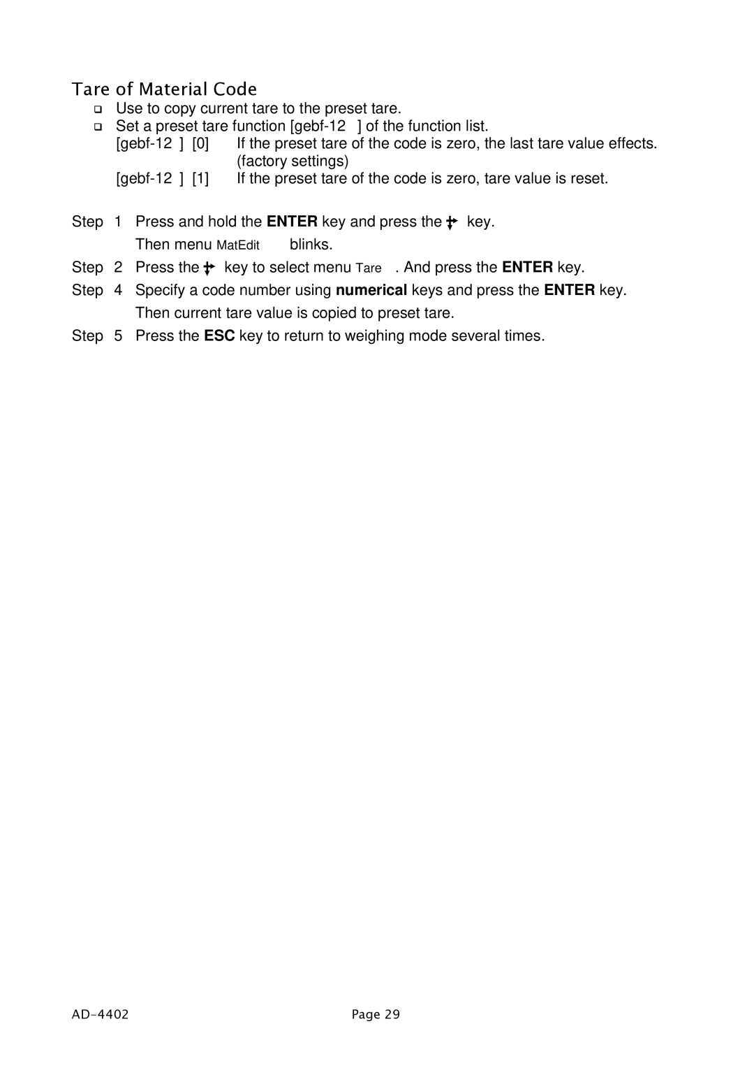 A&D PD4000243 manual Tare of Material Code 