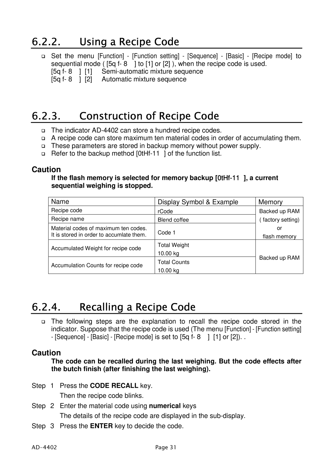 A&D PD4000243 manual Using a Recipe Code, Construction of Recipe Code, Recalling a Recipe Code 