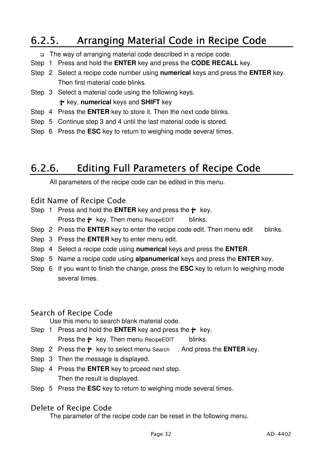 A&D PD4000243 Arranging Material Code in Recipe Code, Editing Full Parameters of Recipe Code, Edit Name of Recipe Code 