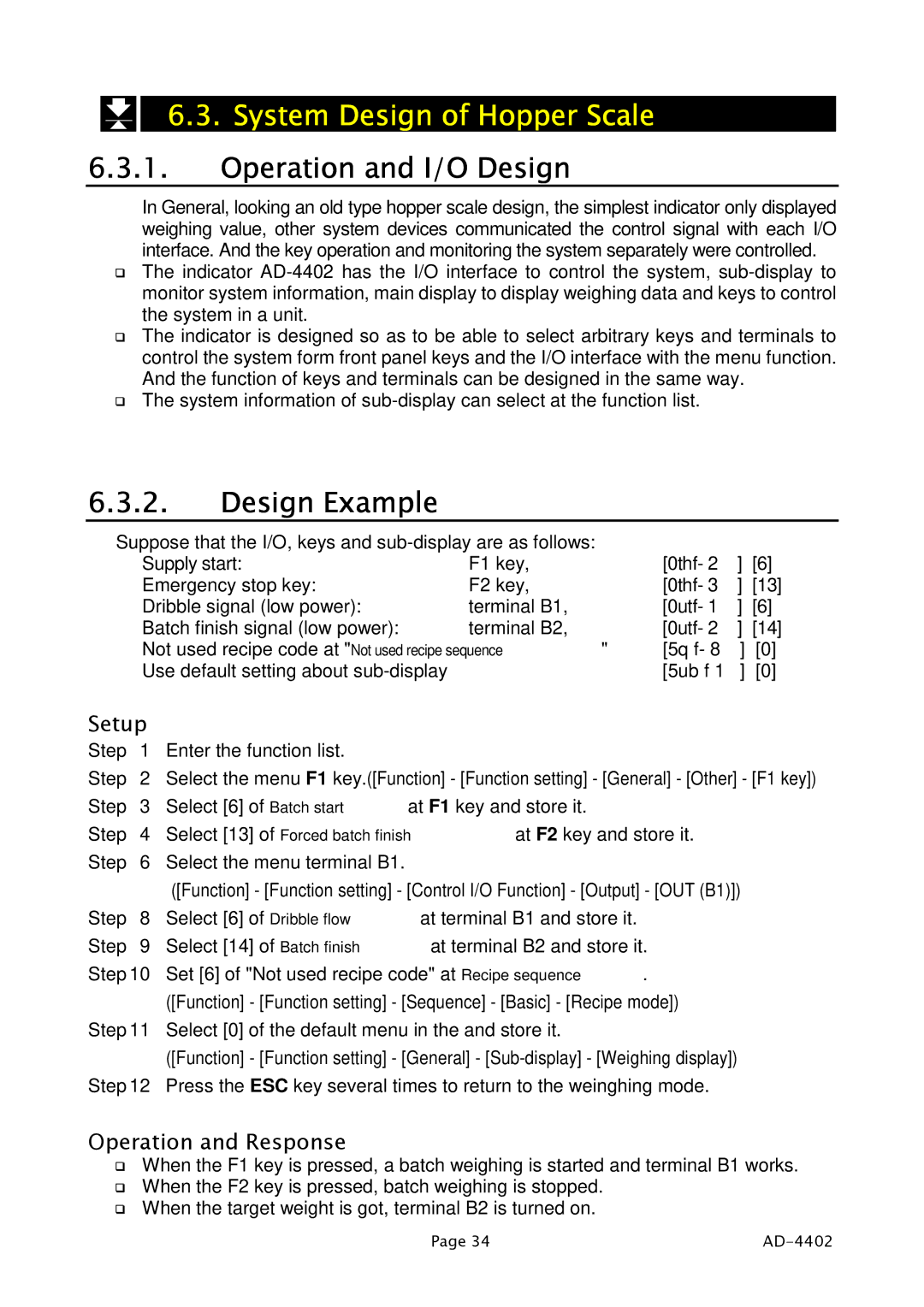 A&D PD4000243 manual System Design of Hopper Scale, Operation and I/O Design, Design Example, Setup, Operation and Response 