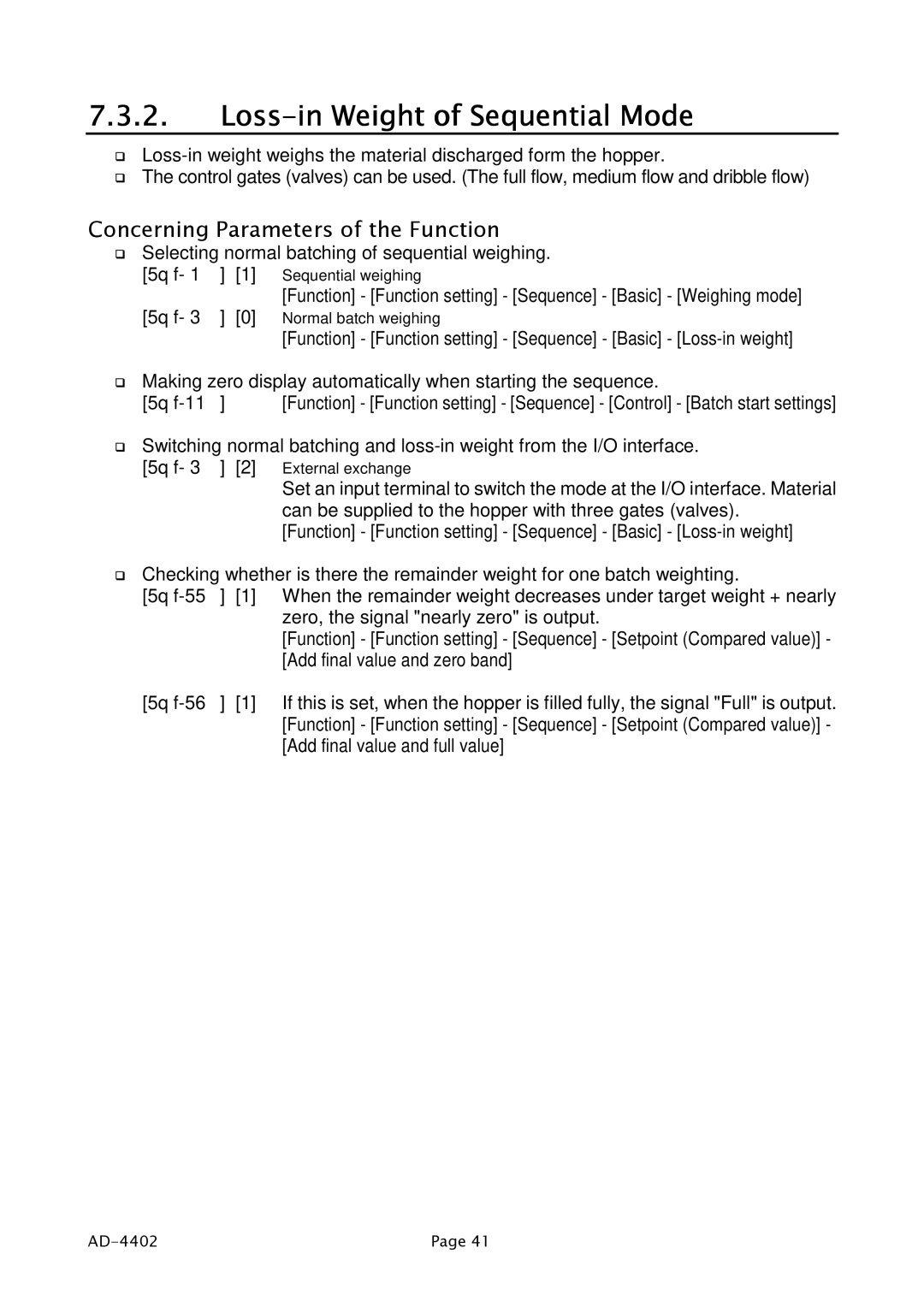 A&D PD4000243 manual Loss-in Weight of Sequential Mode, Concerning Parameters of the Function 