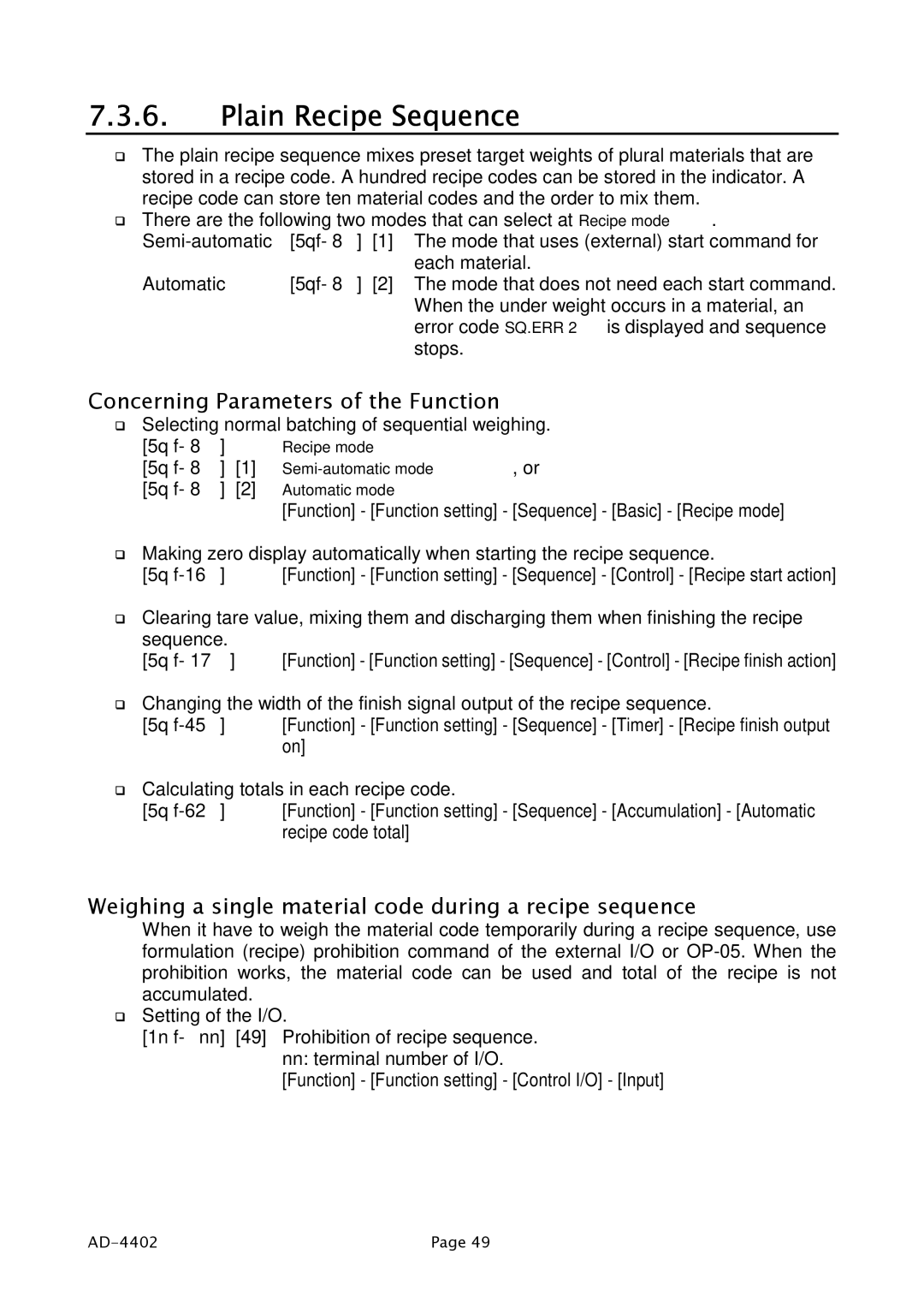 A&D PD4000243 manual Plain Recipe Sequence, Weighing a single material code during a recipe sequence 