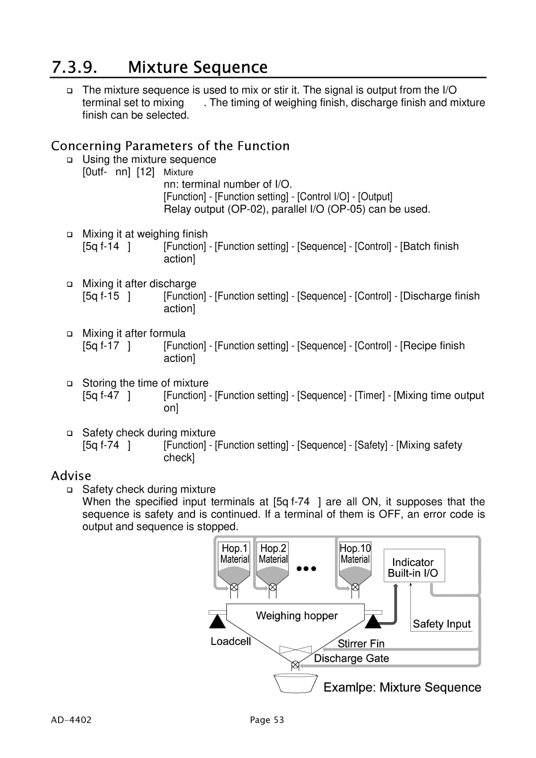 A&D PD4000243 manual Mixture Sequence, Concerning Parameters of the Function 