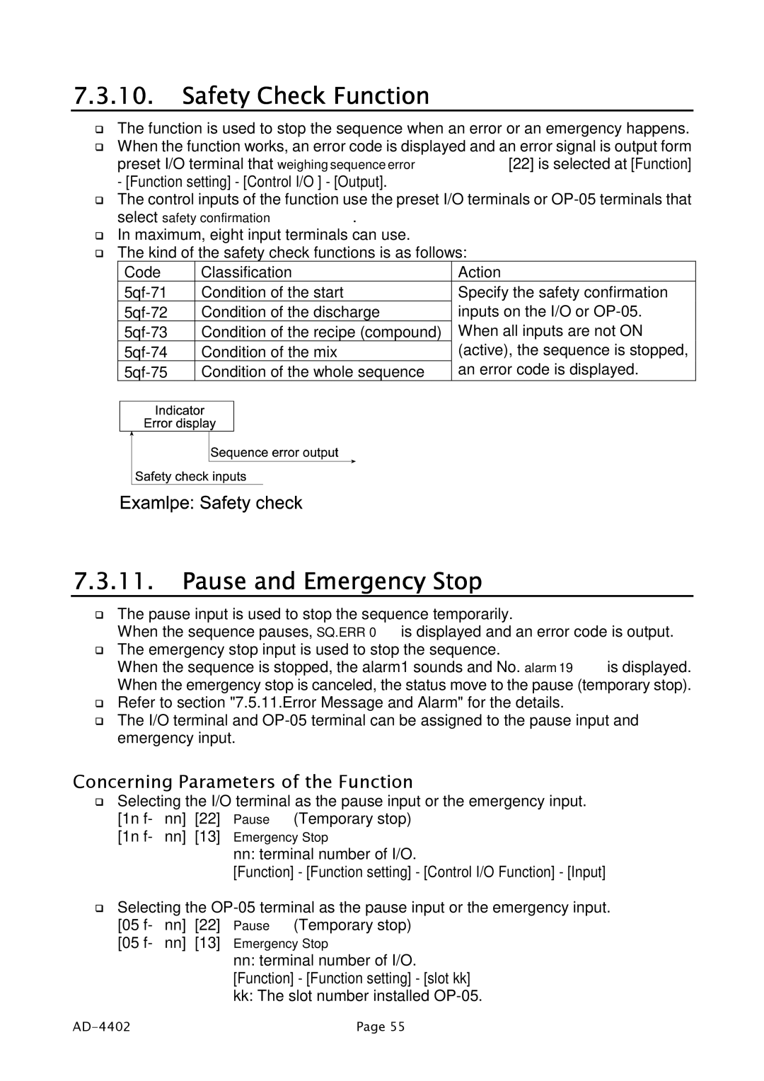 A&D PD4000243 manual Safety Check Function, Pause and Emergency Stop 