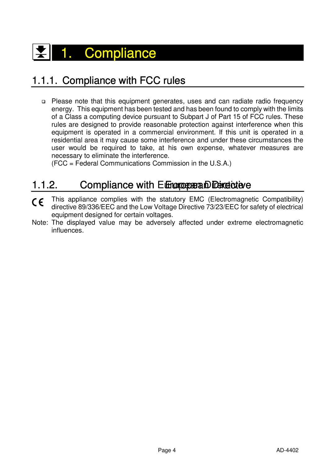 A&D PD4000243 manual Compliance with FCC rules, Compliance with European Directive 