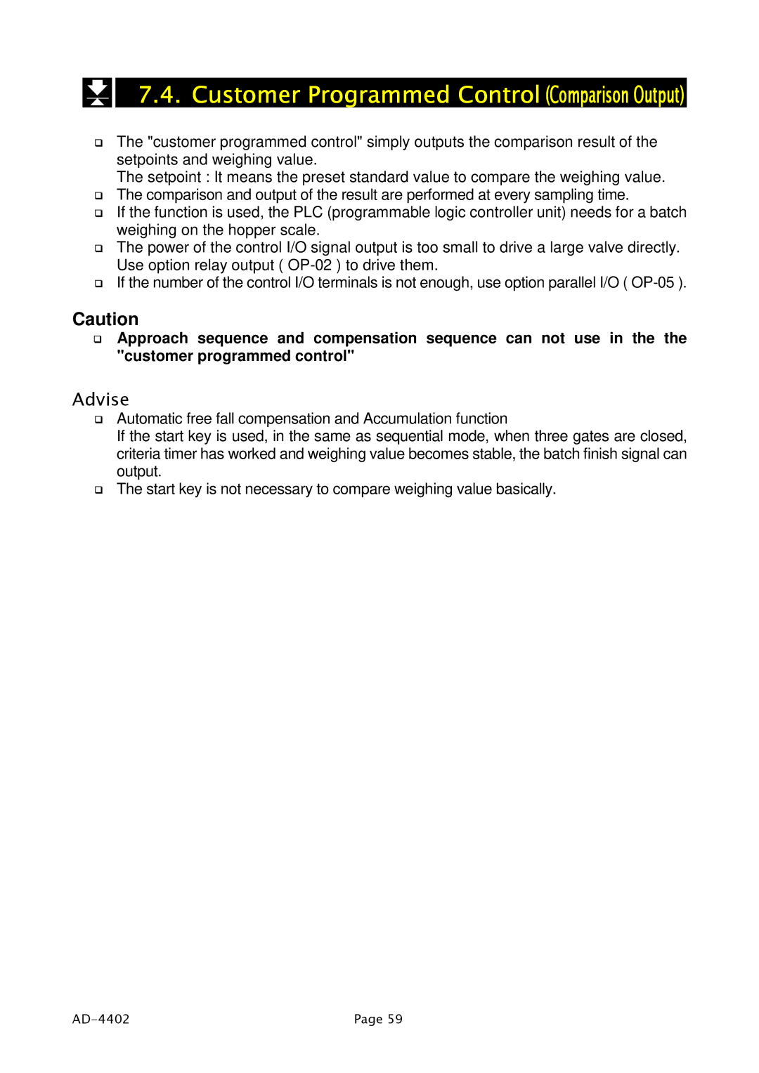 A&D PD4000243 manual Customer Programmed Control Comparison Output 