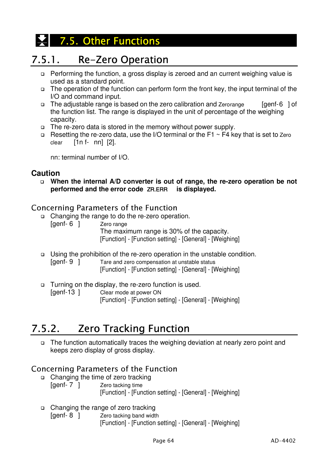 A&D PD4000243 manual Other Functions, Re-Zero Operation, Zero Tracking Function 