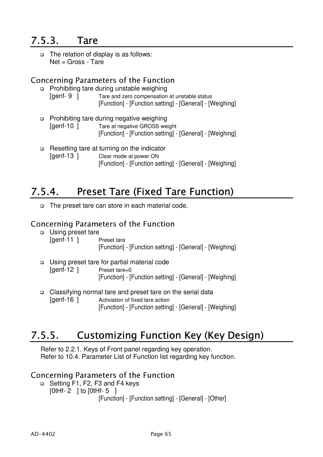 A&D PD4000243 manual Preset Tare Fixed Tare Function, Customizing Function Key Key Design 