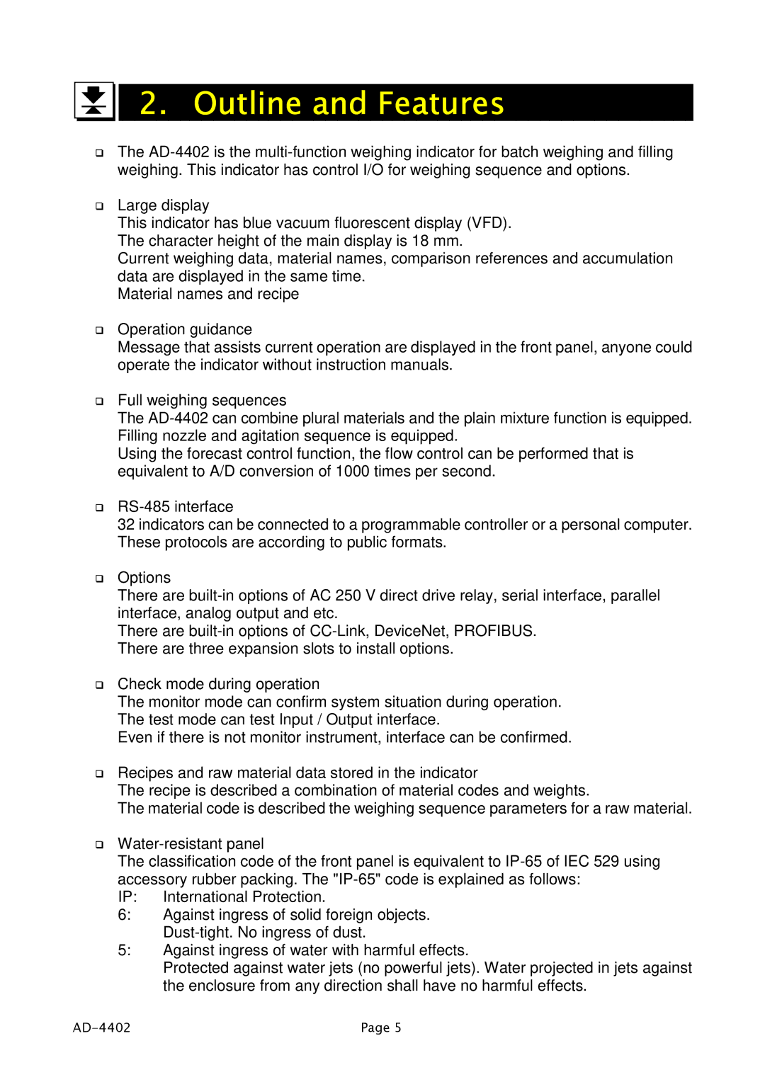 A&D PD4000243 manual Outline and Features 