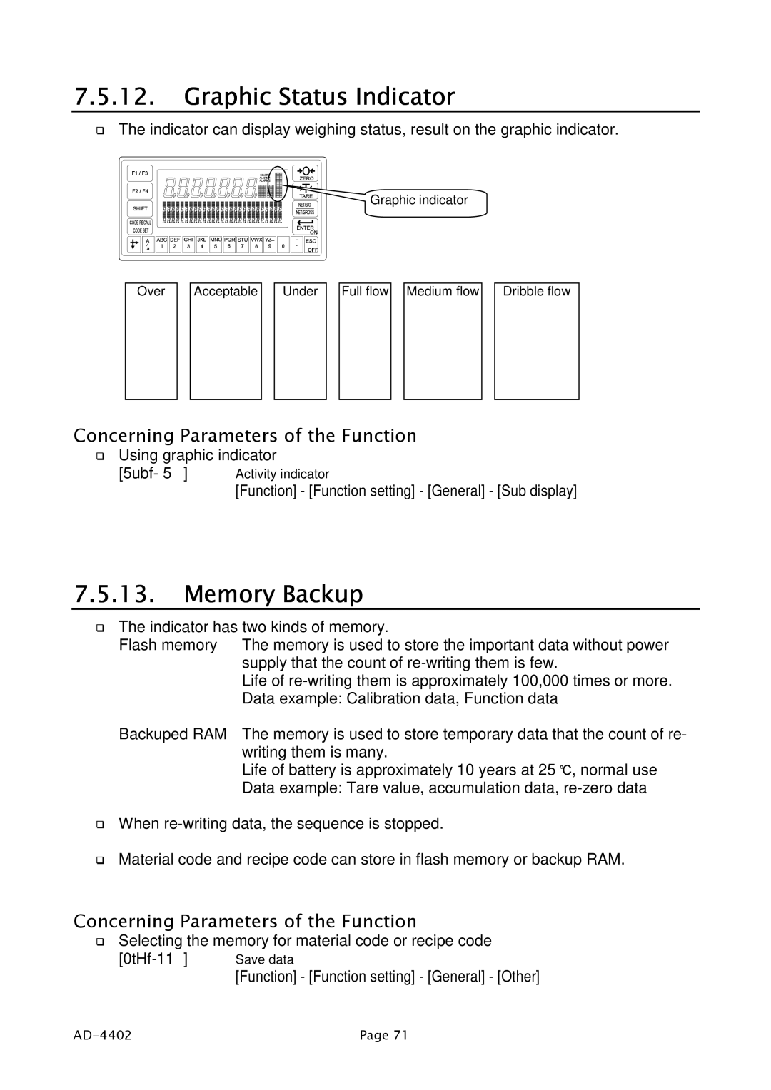 A&D PD4000243 manual Graphic Status Indicator, Memory Backup 