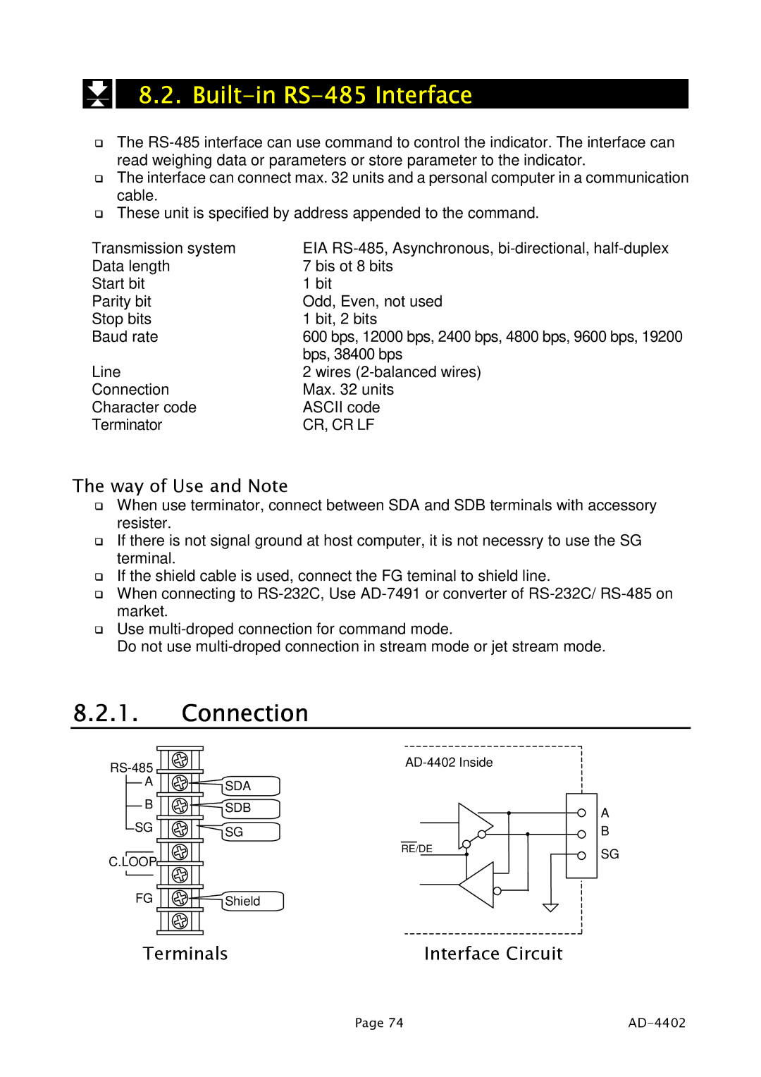 A&D PD4000243 manual Built-in RS-485 Interface, Connection, Way of Use and Note, Terminals 