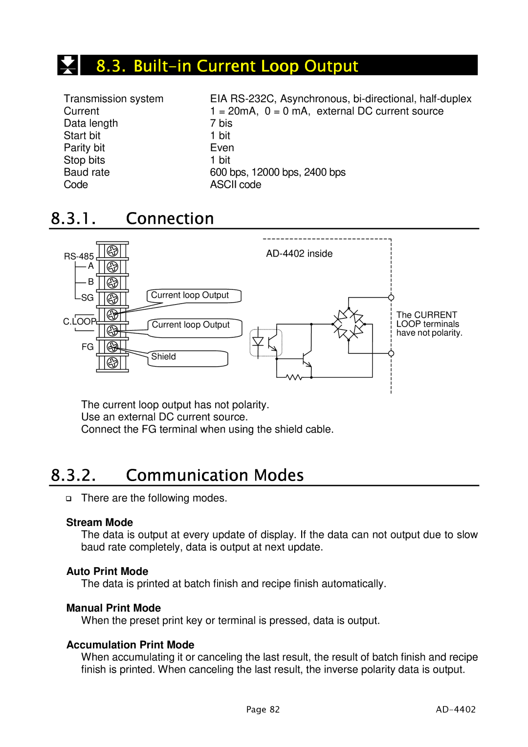 A&D PD4000243 manual Built-in Current Loop Output, Communication Modes 