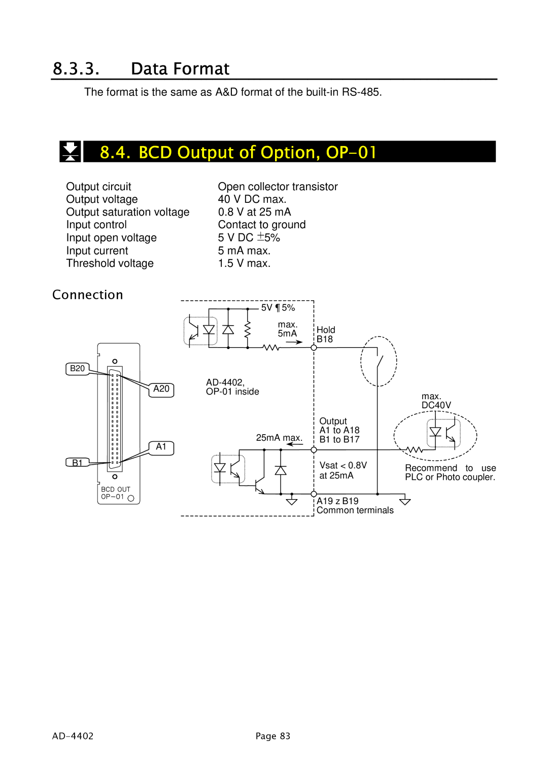 A&D PD4000243 manual Data Format, BCD Output of Option, OP-01, Connection 