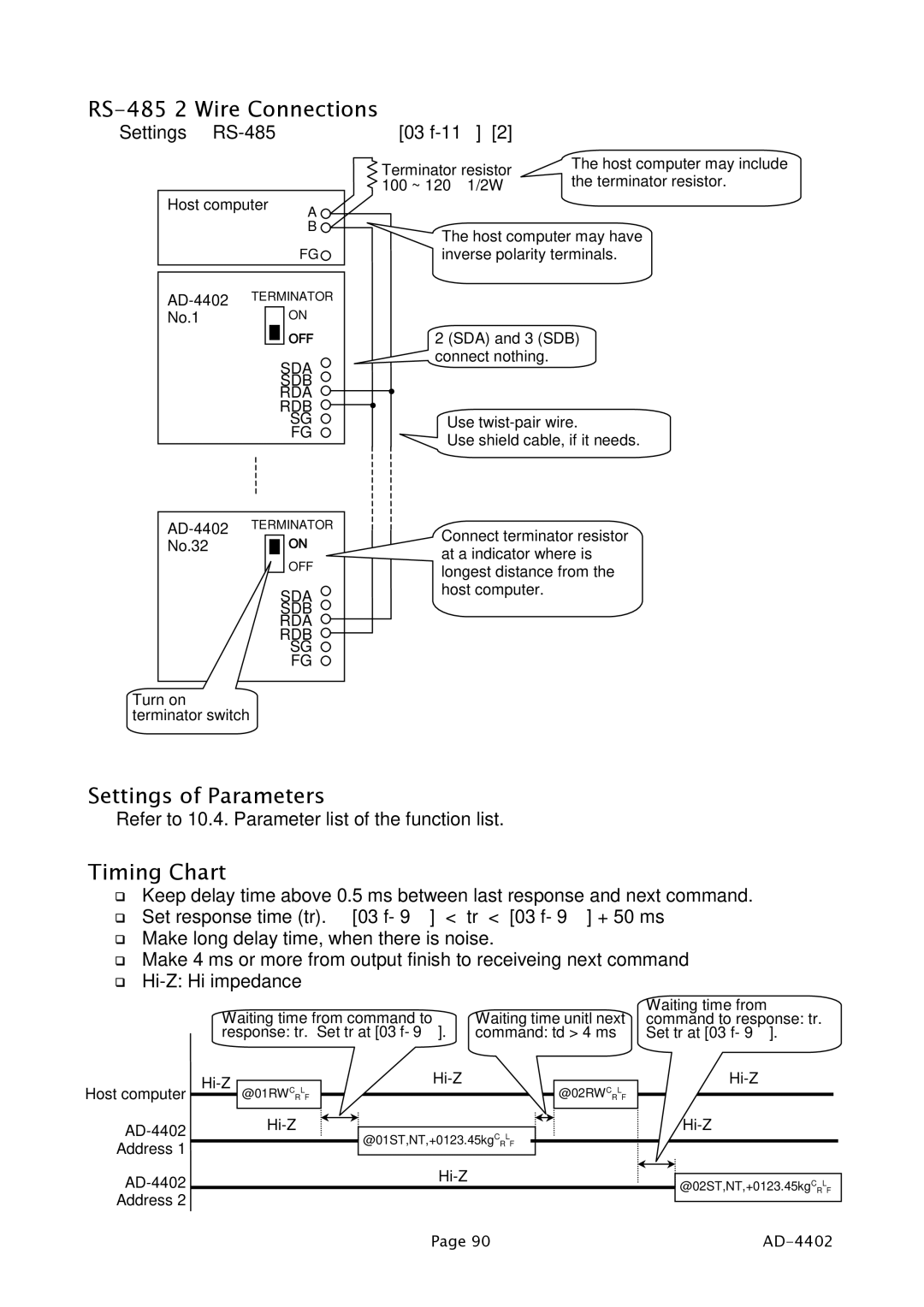 A&D PD4000243 manual RS-485 2 Wire Connections, Settings of Parameters 