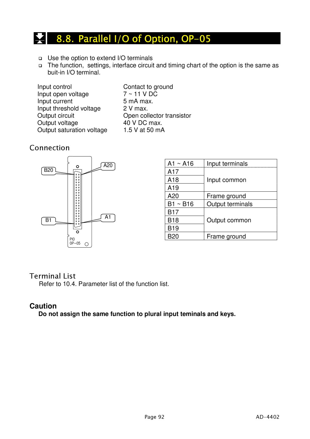 A&D PD4000243 manual Parallel I/O of Option, OP-05, Terminal List 