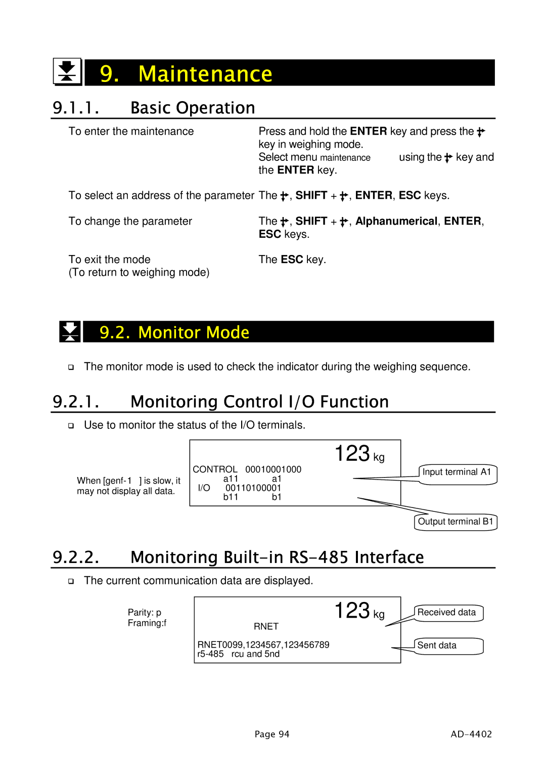 A&D PD4000243 manual Maintenance, Basic Operation, Monitor Mode, Monitoring Control I/O Function 