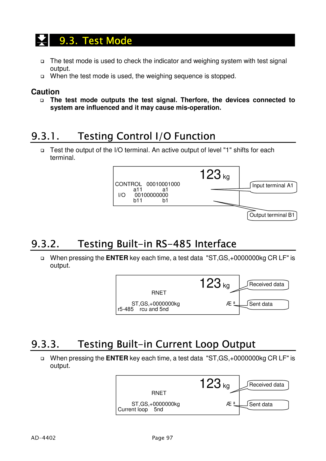 A&D PD4000243 manual Test Mode, Testing Control I/O Function, Testing Built-in RS-485 Interface 