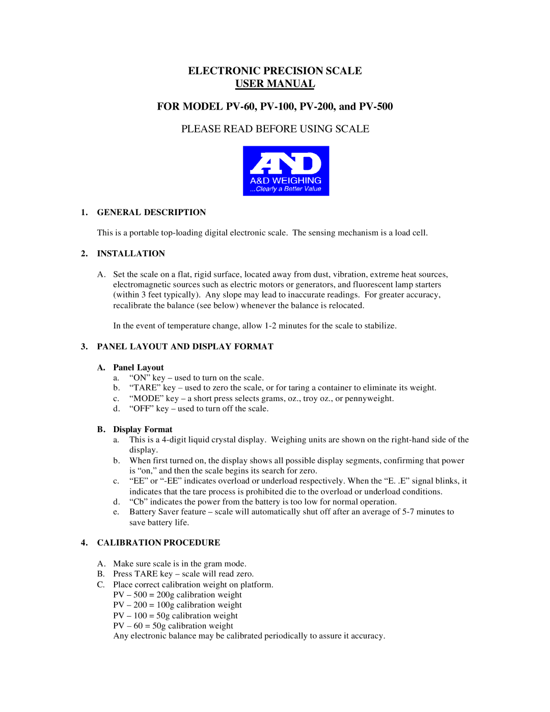 A&D PV-100, PV-200, PV-500, PV-60 instruction manual Panel Layout, Display Format 